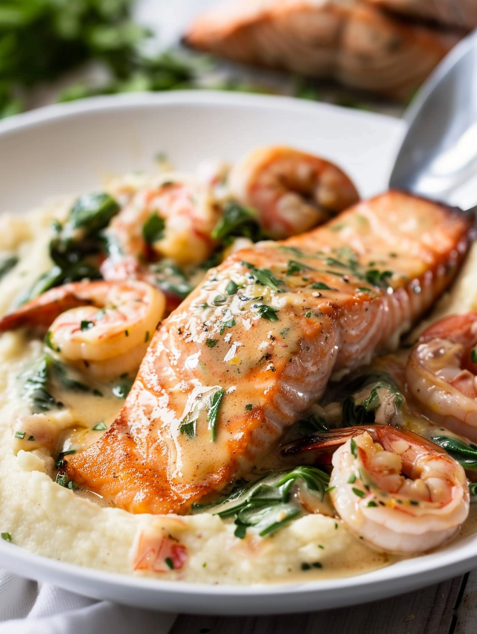 Salmón y Camarones Cremosos a la Toscana sobre Puré